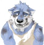  2004 anthro black_nose blue_body blue_fur bodily_fluids canid canine clothing crying fur kemono kinoshita-jiroh male mammal shirt simple_background solo tears teeth topwear white_background white_body white_fur 