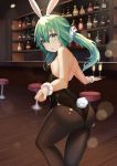  1girl alcohol animal_ears ass backless_leotard bar bar_stool bare_shoulders black_leotard blush bottle breasts bunny_ears bunny_girl bunny_hair_ornament bunny_tail counter cup date_a_live drinking_glass from_behind green_eyes green_hair hair_between_eyes hair_ornament holding holding_tray indoors jme131456 leaning_forward leotard long_hair looking_at_viewer looking_back natsumi_(date_a_live) open_mouth pantyhose small_breasts solo stool tail thighs tray twintails 