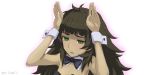  1girl ahoge arms_up black_hair black_neckwear blush bow bowtie breasts bunny_pose bunnysuit cleavage dated detached_collar embarrassed green_eyes highres hiyajou_maho long_hair looking_at_viewer menomorute outline parted_lips simple_background small_breasts solo steins;gate steins;gate_0 thick_eyebrows translated upper_body white_background wrist_cuffs 