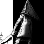  1:1 activision anthro black_background blood blood_on_arm blood_on_clothing blood_on_weapon bodily_fluids cleaver_(weapon) clothing comic dragon for_a_head hi_res hladilnik humanoid konami male melee_weapon monochrome monstrous_humanoid object_head pyramid_head silent_hill simple_background spyro spyro_the_dragon subway_(restaurant) video_games weapon white_background 