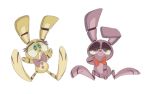  2019 animatronic anthro bonnie_(fnaf) bow_tie button_(disambiguation) chibi domestic_rabbit duo extraordinarycircus eyelashes five_nights_at_freddy&#039;s floppy_ears fur glitchtrap green_eyes happy kyrakupetsky lagomorph leporid low_res machine male mammal multicolored_body multicolored_fur open_mouth oryctolagus purple_body purple_eyes purple_fur rabbit robot simple_background sitting toony two_tone_body two_tone_fur video_games white_background yellow_body yellow_fur 
