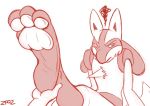  3_toes ambiguous_gender anthro canid canine duo foot_focus humanoid_hands lucario mammal nintendo pawpads paws pok&eacute;mon pok&eacute;mon_(species) soles solo_focus toes video_games zp92 