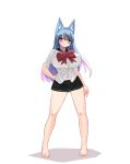  2019 animal_humanoid barefoot big_breasts blue_eyes blue_hair blush bottomwear breasts canid canid_humanoid clothing esupu female hair hi_res humanoid mammal mammal_humanoid navel ribbons simple_background skirt smile solo standing white_background 