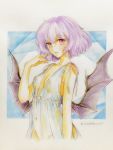  1girl babydoll bat_wings black_wings breasts colored_pencil_(medium) commentary cropped_torso groin highres lingerie looking_at_viewer low_wings navel nipples no_hat no_headwear parted_lips purple_hair q-bee_(aaru) red_eyes remilia_scarlet see-through short_hair small_breasts solo standing touhou traditional_media twitter_username underwear wings 