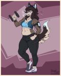  4:5 anthro blush bodily_fluids border bra breasts canid canine cellphone clothed clothing dumbbell exercise female greasymojo hi_res mammal orange_border phone solo sports_bra sweat underwear weightlifting weights workout 