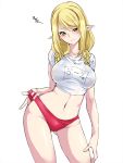  2019 4:3 blonde_hair blush breasts butt_from_the_front clothing elf female hair hi_res humanoid humanoid_pointy_ears maron navel shirt simple_background solo topwear white_background yellow_eyes 