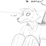  anthro beastars canid canine canis clothing dialogue hi_res hladilnik legoshi_(beastars) looking_offscreen male mammal monochrome offscreen_character polo_shirt shirt sketch topwear under_table wolf 