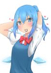  1girl alternate_hair_length alternate_hairstyle arms_behind_head blue_dress blue_eyes blue_hair blush bow bowtie bright_pupils cirno dress eyebrows_visible_through_hair hair_between_eyes hair_tie_in_mouth heart highres looking_at_viewer medium_hair mizune_(winter) mouth_hold no_headwear pinafore_dress ponytail puffy_short_sleeves puffy_sleeves red_neckwear shirt short_sleeves simple_background smile solo standing touhou tying_hair white_background white_pupils white_shirt wings 