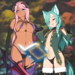  2girls animal_ear_fluff animal_ears arms_up black_panties book braid breasts capitan_(tsyoujo) dark_skin detached_sleeves floating floating_book floating_object fur-trimmed_legwear fur_trim green_hair grimoire hair_over_one_eye heterochromia highres horns large_breasts midriff midriff_cutout multiple_girls navel o-ring o-ring_bikini original outdoors panties pink_eyes pink_hair purple_legwear revealing_clothes side_braid standing sword tail tan thong_panties tongue tongue_out underwear weapon 