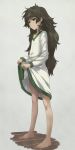  1girl bare_legs barefoot breasts closed_mouth dress full_body green_eyes green_hair grey_background highres hiyajou_maho long_hair looking_at_viewer menomorute messy_hair scowl shadow simple_background skirt skirt_lift small_breasts solo standing steins;gate thick_eyebrows thighs wavy_hair white_dress 