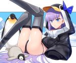  1girl animal_hood ass bangs bikini bird black_bikini black_jacket blue_bow blue_eyes blue_sky blush bow breasts choker fate/grand_order fate_(series) greaves hood hood_up iceberg jacket legs legs_up long_hair long_sleeves lying meltryllis meltryllis_(swimsuit_lancer)_(fate) on_back open_mouth penguin penguin_hood prosthesis prosthetic_leg purple_hair sky sleeves_past_fingers sleeves_past_wrists small_breasts swimsuit tsuchifumazu very_long_hair 