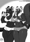  abs absurd_res anthro breasts butt butt_grab cleavage clothed clothing duo eyewear felid female female/female fur glasses hair hand_on_butt hi_res holding_object looking_at_viewer mammal midriff monochrome murazaki muscular muscular_female one_eye_closed pantherine spots text url wink 
