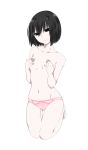  absurdres bangs black_eyes black_hair bob_cut bow bow_panties breasts collarbone commentary covering covering_breasts empty_eyes full_body groin hair_between_eyes hands_on_own_chest head_tilt highres kakoikaren kneeling light_smile looking_at_viewer monogatari_(series) navel no_bra oshino_ougi panties pink_bow pink_panties short_hair simple_background small_breasts tampon_string thigh_gap topless underwear underwear_only white_background 