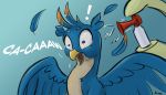  air_horn avian blue_eyes feathered_wings feathers friendship_is_magic gallus_(mlp) gryphon hi_res kam male my_little_pony mythological_avian mythology scared solo wings 