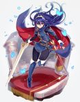 1girl blue_eyes blue_gloves blue_hair bug butterfly closed_mouth falchion_(fire_emblem) fingerless_gloves fire_emblem fire_emblem_awakening full_body gloves haru_(nakajou-28) highres holding holding_sword holding_weapon insect long_hair lucina_(fire_emblem) scabbard sheath solo sword tiara weapon 