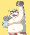  2015 anthro belly blue_body blue_fur blush bodily_fluids clothing exercise felid fur humanoid_hands jockstrap kemono kinoshita-jiroh male mammal moobs navel nipples overweight overweight_male pantherine simple_background solo sweat tiger underwear white_body white_fur workout yellow_background 