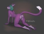  anthro ass_up breasts butt digital_media_(artwork) felid feline female fur genitals green_eyes green_hair hair mammal paws purple_body purple_fur pussy raised_tail saberon side_boob side_eye smile smirk solo wolfpsalm 