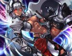  1girl abs animal_ears breasts caenis_(fate) cleavage commentary_request dark_background dark_skin fate/grand_order fate_(series) gauntlets glowing grin headgear highres holding holding_shield holding_weapon leg_armor leg_up looking_at_viewer medium_breasts navel red_eyes shield short_hair shoulder_armor silver_hair smile solo tomoyohi weapon 