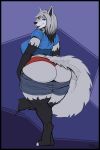  2:3 absurd_res anthro astara_(astara.luparum) big_breasts big_butt black_border border breasts butt butt_focus canid canine canis clothed clothing female greasymojo hi_res huge_butt looking_back mammal pants_down partially_clothed solo thong underwear wolf 