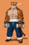  2009 abs anthro barazoku biceps black_nose bottomwear clothed clothing felid fur humanoid_hands kemono kinoshita-jiroh male mammal muscular obliques orange_body orange_fur pantherine pants pecs simple_background solo tiger topless triceps 