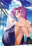  1girl absurdres ahoge bangs black_footwear black_legwear blue_hair blue_sky blush closed_mouth cloud cloudy_sky day eyebrows_visible_through_hair highres hololive knees_up leg_hug long_hair looking_at_viewer matsui_hiroaki minato_aqua outdoors page_number pleated_skirt purple_eyes purple_hair scan shirt shoes sitting skirt sky smile socks t-shirt thighs tied_hair twintails virtual_youtuber white_shirt 