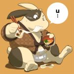  ... 1:1 2011 anthro belly bodily_fluids bulge clothing eating food humanoid_hands kemono kinoshita-jiroh lagomorph leporid male mammal overweight overweight_male rabbit simple_background sitting solo sweat text underwear 