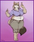  absurd_res anthro big_breasts border breasts canid canine canis clothed clothing coyote female greasymojo hi_res looking_at_viewer mammal purple_border slightly_chubby solo thick_thighs 