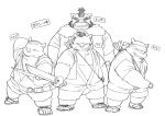  2015 anthro bottomwear clothing footwear group humanoid_hands japanese_text kemono kinoshita-jiroh male mammal monochrome overweight overweight_male sandals shirt shorts simple_background suid suina sus_(pig) text the_spicy_ninja_scrolls topwear weapon white_background wild_boar 