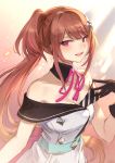  1girl bangs bare_arms bare_shoulders black_gloves breasts brown_hair commentary_request copyright_request gloves highres long_hair looking_at_viewer mashuu_(neko_no_oyashiro) medium_breasts open_mouth pink_eyes pink_ribbon ribbon short_sleeves smile solo virtual_youtuber 