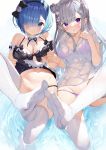  2girls bare_shoulders bikini black_bikini blue_eyes blue_hair blush breasts cleavage commentary detached_collar elf emilia_(re:zero) grey_hair groin hair_bun hair_over_one_eye headband highres holding_hands looking_at_viewer matsui_hiroaki medium_breasts multiple_girls navel no_panties pointy_ears purple_bikini purple_eyes re:zero_kara_hajimeru_isekai_seikatsu rem_(re:zero) ripples see-through shirt short_hair side_bun skirt skirt_lift soaking_feet stomach string_bikini swimsuit thighhighs water wet wet_clothes wet_shirt white_legwear 