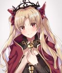  1girl bangs black_headwear blonde_hair blush cape commentary_request ereshkigal_(fate/grand_order) eyebrows_visible_through_hair fate/grand_order fate_(series) grey_background hair_ribbon hands_together head_tilt highres kaedemaru long_hair looking_at_viewer parted_bangs red_cape red_eyes red_ribbon ribbon skull smile solo spine tiara 