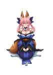  1girl absurdres animal_ear_fluff animal_ears artist_request bare_shoulders blue_kimono blue_ribbon breasts cleavage commentary commentary_request detached_sleeves eyebrows_visible_through_hair fate/extella fate/extella_link fate/extra fate/extra_ccc fate/grand_order fate_(series) fox_ears fox_girl fox_tail hair_ribbon highres japanese_clothes kimono large_breasts looking_at_viewer pink_hair ribbon simple_background sitting solo tail tamamo_(fate)_(all) tamamo_no_mae_(fate) white_background yellow_eyes 
