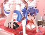  2020 animal_humanoid arknights asian_clothing barefoot blue_hair breasts chen_(arknights) chinese_clothing chinese_dress ciyuan_zhi_xi cleavage clothed clothing dragon dragon_humanoid dress east_asian_clothing feet female hair hair_bun hi_res horn humanoid humanoid_feet inside lying mouth_hold on_front pink_eyes 