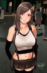  1girl black_hair brown_eyes crop_top elbow_gloves final_fantasy final_fantasy_vii final_fantasy_vii_remake gesundheit_(artist) gloves looking_at_viewer navel pleated_skirt shirt_lift skirt solo_focus standing stomach suspenders thighhighs tifa_lockhart 