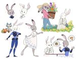  2020 adonyne anthro beastars blush bottomwear brown_body brown_fur canid canine canis clothed clothing cosplay crossover crossover_cosplay disney dot_eyes flower fox fully_clothed fur gesture grey_body grey_fur group haru_(beastars) hat headgear headwear holding_object judy_hopps lagomorph legoshi_(beastars) leporid mammal nick_wilde plant police_uniform rabbit red_fox simple_background skirt thumbs_up uniform white_background white_body white_fur wolf zootopia 