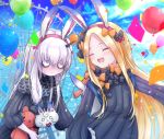  2girls abigail_williams_(fate/grand_order) animal_ears bags_under_eyes balloon bangs black_bow black_dress blonde_hair blue_sky blush bow breasts bunny_ears closed_eyes closed_mouth commentary_request confetti dress fate/grand_order fate_(series) ferris_wheel forehead hair_bow highres horn lavinia_whateley_(fate/grand_order) long_hair multiple_bows multiple_girls open_mouth orange_bow pale_skin parted_bangs polka_dot polka_dot_bow ribbed_dress sky sleeves_past_fingers sleeves_past_wrists small_breasts smile stuffed_animal stuffed_toy teddy_bear touko_56 wide-eyed 