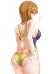  1girl ass back bangs blush breasts brown_hair closed_mouth commentary_request competition_swimsuit highres kibihimi kunikida_hanamaru large_breasts long_hair looking_at_viewer looking_back love_live! love_live!_sunshine!! one-piece_swimsuit orange_eyes simple_background skindentation solo squiggle swimsuit translation_request white_background 
