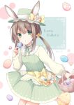  1girl :o animal_ears artist_name bangs basket bunny_ears commentary dress easter_egg egg english_text eyebrows_visible_through_hair flower green_dress green_eyes green_ribbon hair_between_eyes hair_flower hair_ornament hat highres holding holding_basket holding_egg kuroi_(liar-player) light_brown_hair long_sleeves looking_at_viewer neck_ribbon original pinafore_dress ribbon shirt sidelocks solo top_hat twintails white_shirt 