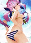  1girl absurdres adjusting_clothes adjusting_swimsuit ass bangs bare_arms bare_shoulders bikini blue_bow blue_hair blue_sky blush bow braid breasts cloud cloudy_sky day drill_hair eyebrows_visible_through_hair from_behind highres hololive long_hair looking_at_viewer looking_back matsui_hiroaki medium_breasts minato_aqua multicolored_hair ocean open_mouth outdoors page_number parted_lips purple_eyes purple_hair scan shiny shiny_hair shiny_skin sideboob sky solo striped striped_bikini swimsuit thighs tied_hair twintails two-tone_hair virtual_youtuber water water_drop wet 