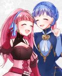  2girls blue_hair braid breasts cleavage closed_eyes commentary_request crown_braid dress earrings fire_emblem fire_emblem:_three_houses gloves hair_ribbon hilda_valentine_goneril jewelry long_hair long_sleeves marianne_von_edmund multiple_girls open_mouth pink_hair ponytail red_gloves ribbon twitter_username upper_body yutohiroya 
