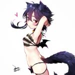  1girl ahoge animal_ears arm_behind_head armpits ass black_bra black_hair black_panties blush bra breasts chinese_commentary closed_mouth commentary_request dated ejami ekko_(ejami) fox_ears fox_girl fox_tail from_side hair_between_eyes heart light_smile looking_at_viewer looking_to_the_side original panties red_eyes short_hair_with_long_locks simple_background small_breasts solo tail underwear white_background 