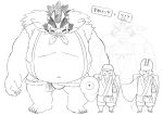  2015 anthro asian_clothing belly canid canine canis clothing domestic_dog east_asian_clothing fundoshi group humanoid_hands japanese_clothing japanese_text kemono kinoshita-jiroh male mammal monochrome navel overweight overweight_male robe simple_background suid suina sus_(pig) text the_spicy_ninja_scrolls underwear white_background wild_boar 