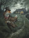  anthro bow_tie building canid canine card chimney chris_dunn clothing coat digitigrade fox hat headgear headwear holding_object looking_back male mammal night outside red_fox running sack sky solo_focus top_hat topwear traditional_(artwork) tree whiskers 