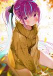  1girl absurdres ahoge bangs blue_hair blurry blurry_background blush braid dress eyebrows_visible_through_hair highres hololive long_hair long_sleeves looking_at_viewer matsui_hiroaki minato_aqua multicolored_hair page_number parted_lips ponytail purple_eyes purple_hair ribbed_sweater scan shiny shiny_hair simple_background sitting solo sweater sweater_dress tied_hair virtual_youtuber wariza 