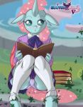  anthro arthropod blue_body blue_skin blush boastudio book camel_toe changeling clothing crouching female friendship_is_magic hi_res looking_at_viewer my_little_pony ocellus_(mlp) outside panties school_uniform solo underwear uniform 