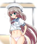  blue_sailor_collar cameltoe commentary_request cowboy_shot flying_sweatdrops green_eyes grey_hair hat kantai_collection long_hair low_twintails mikura_(kantai_collection) panties puffy_short_sleeves puffy_sleeves sailor_collar sailor_hat sailor_shirt shirt short_sleeves tachibana_hiroki twintails undershirt underwear white_headwear white_panties white_shirt window 