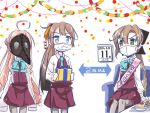  3girls akigumo_(kantai_collection) blue_eyes brown_hair cake calendar_(object) commentary_request coronavirus_pandemic directional_arrow double_bun food gas_mask gift green_eyes grey_legwear hair_ribbon halterneck kantai_collection kazagumo_(kantai_collection) long_hair long_sleeves makigumo_(kantai_collection) mask mouth_mask multiple_girls necktie pantyhose pink_hair plague_doctor_mask pleated_skirt ponytail ribbon sash school_uniform shirt sitting skirt sleeves_past_fingers sleeves_past_wrists surgical_mask table torikai_a twintails vest white_shirt 