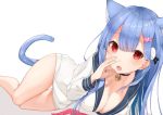  1girl absurdres animal_ears bare_legs bell bell_choker black_choker blush breasts cat_ears cat_tail choker cleavage cupping_hand cupping_hands eyebrows_visible_through_hair hair_between_eyes hair_ornament heart heart_hair_ornament highres light_blue_hair long_hair long_sleeves looking_at_viewer lying medium_breasts on_side open_mouth plivyou red_eyes sailor_collar school_uniform serafuku shikai_yue shirt simple_background sinnop10 solo straight_hair tail thighs virtual_youtuber white_background white_shirt 