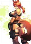  2020 absurd_res anthro athletic bandage big_breasts black_nose blue_eyes breasts brown_body brown_fur canid canine chest_tuft clothing dipstick_tail female fingerless_gloves fluffy fluffy_tail fox fur gloves gun hair handgun handwear hi_res holster inner_ear_fluff looking_at_viewer looking_back mammal multicolored_tail open_mouth orange_hair pgm300 ponytail portrait ranged_weapon solo tan_body tan_fur three-quarter_portrait tuft weapon 