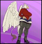  absurd_res anthro avian big_breasts black_border border bottomwear breasts clothed clothing female footwear greasymojo gryphon hi_res high_heels hotpants legwear leotard mythological_avian mythology shoes shorts simple_background solo thigh_highs wide_hips wings yellow_eyes 